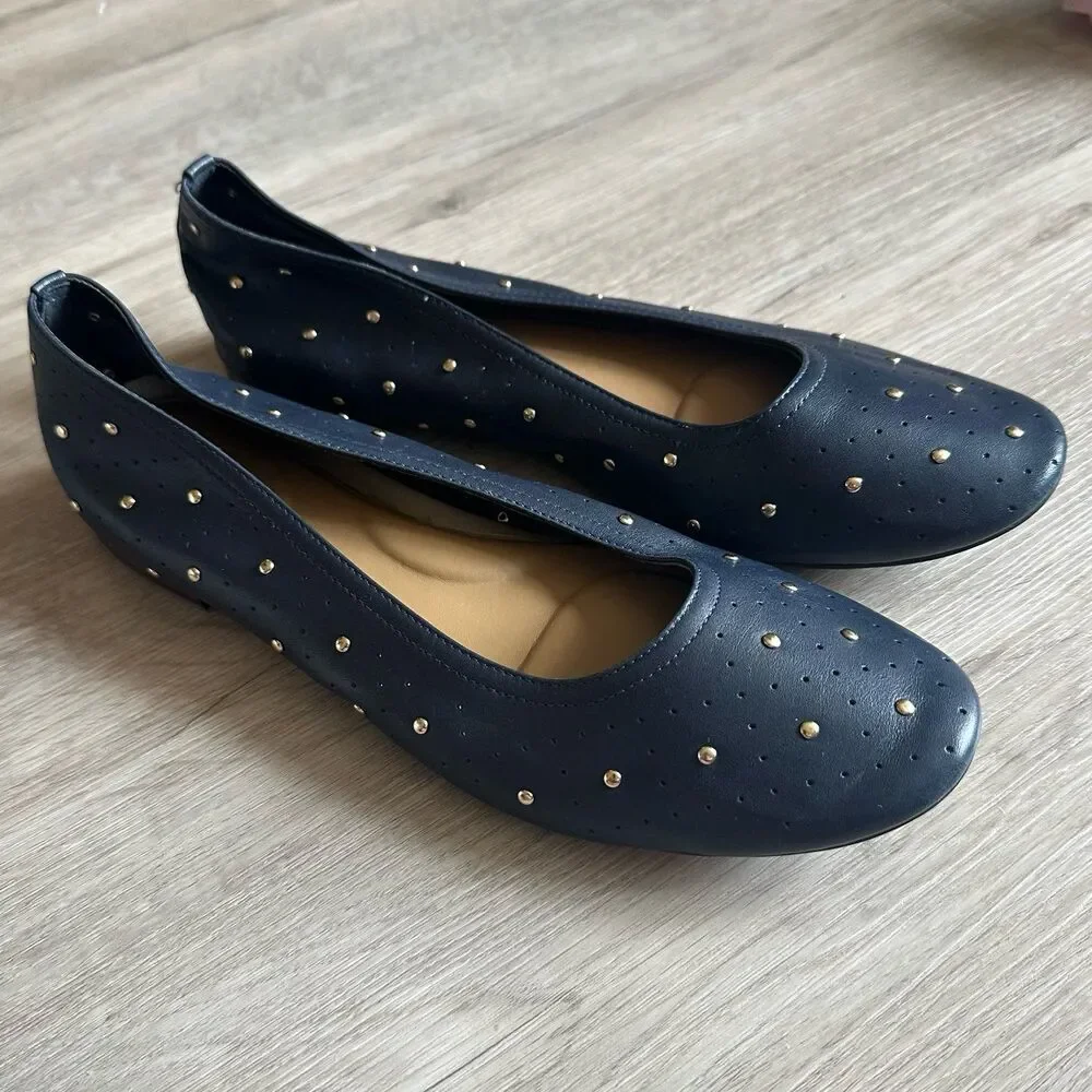 Aerosoles Martha Stewart Shelley Studded Perforated Flats Shoes Navy Blue Sz 8